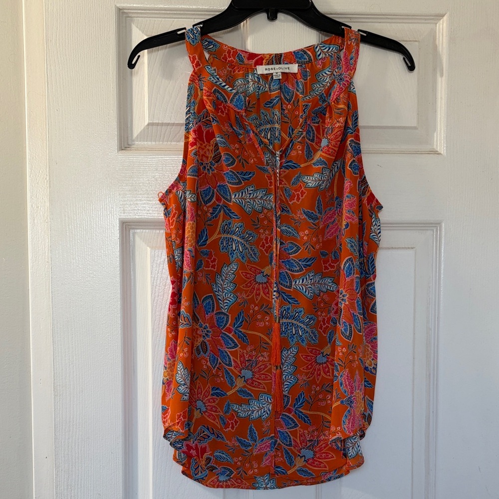 Rose & Olive Orange and Blue Floral Sleeveless Blouse